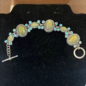 Elegant Antique Silver Bracelet with Light Green Gemstones and Aqua Blue Crystal